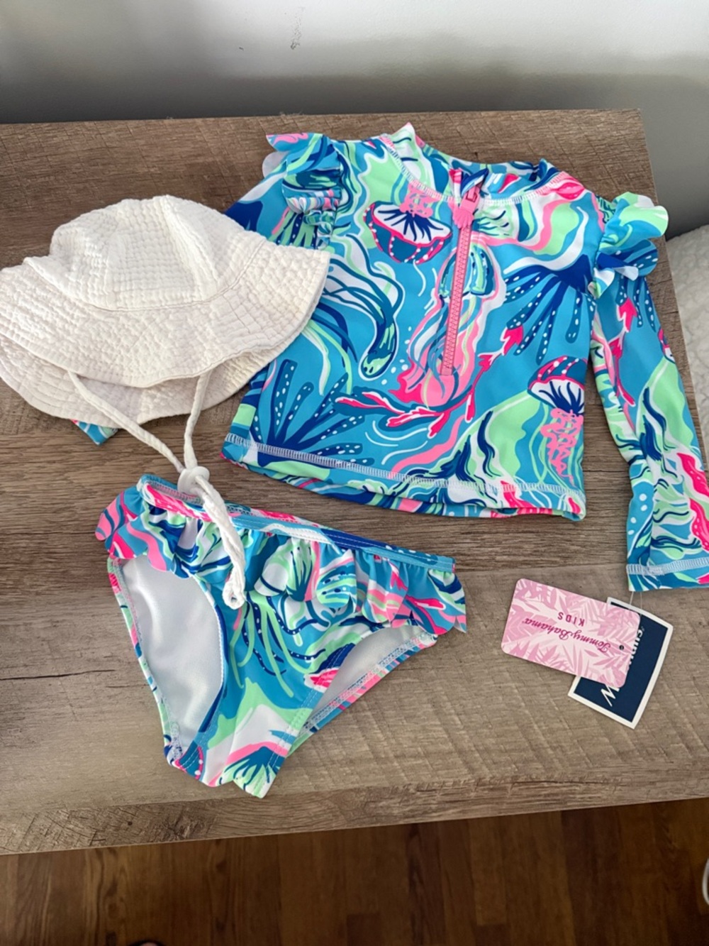 Tommy Bahama Girls Blue Multi Long-Sleeve Rash Guard Swim Set with White Hat